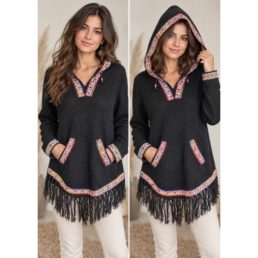 The Alpaca Connection Handmade Peru Knit Hoodie Boho Fringe Folk Artisan Black M